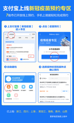 支付宝上线新冠疫苗预约专区:全国7省市可线上预约接种