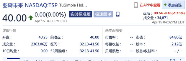 无人驾驶卡车制造商图森未来登陆纳斯达克 市值超84亿美元
