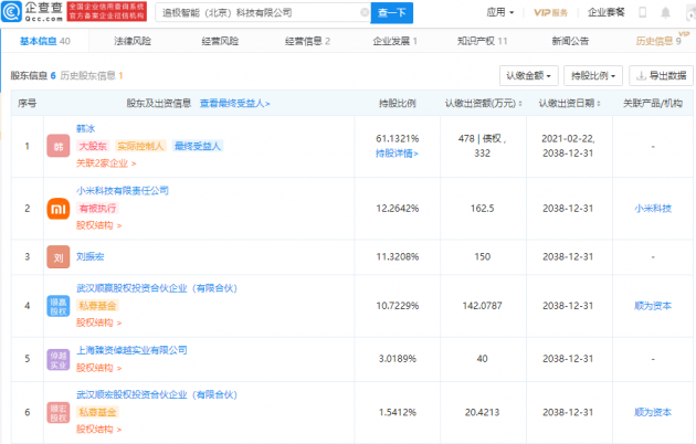 小米科技投资追极智能，企查查显示持股比例为12.26%