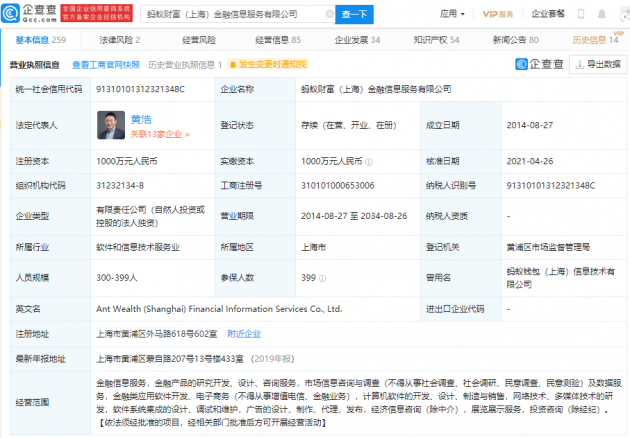 胡晓明退出蚂蚁财富（上海）金融信息服务有限公司法定代表人