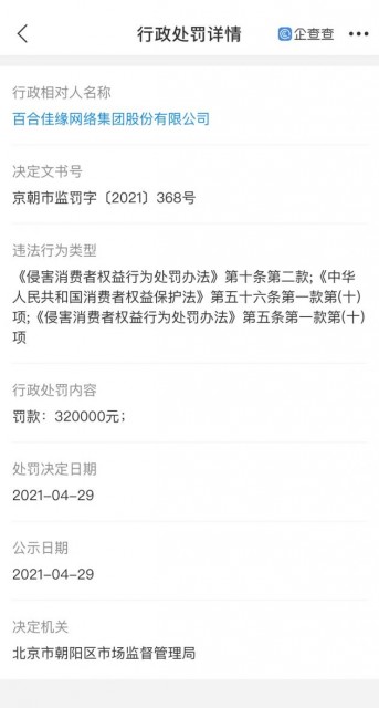 百合网新增行政处罚，涉及消费者退款问题