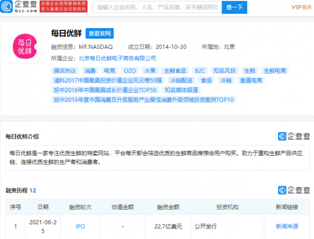 每日优鲜完成IPO,总市值22.7亿美元