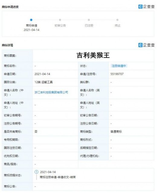 吉利汽车关联公司申请“吉利八戒”、“吉利美猴王”等商标