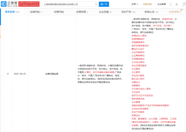 B站关联企业经营范围新增“体育竞赛组织”等