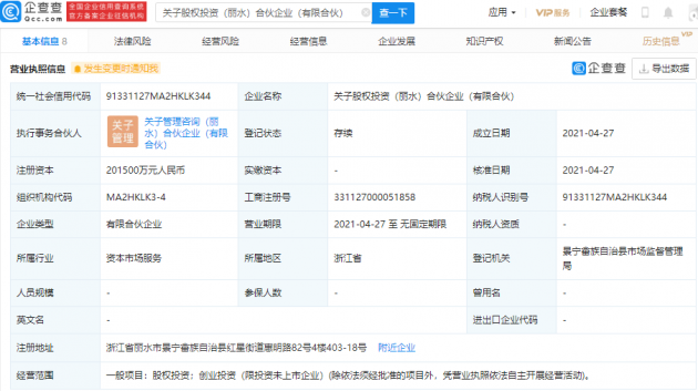 钟睒睒参股成立股权投资合伙企业，注册资本20.15亿