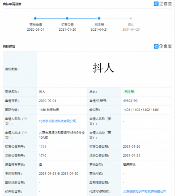 字节跳动申请的“抖人”、“抖音心动餐厅”相关商标完成注册
