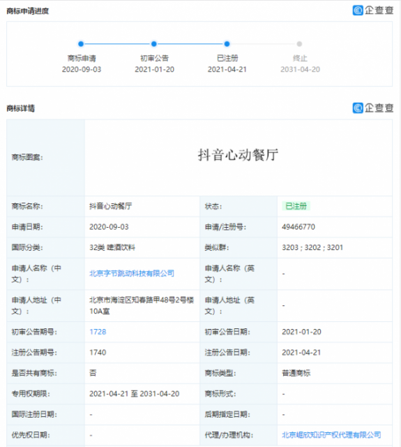 字节跳动申请的“抖人”、“抖音心动餐厅”相关商标完成注册