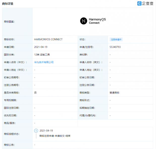 华为申请“鸿蒙”商标，类别新增运输工具