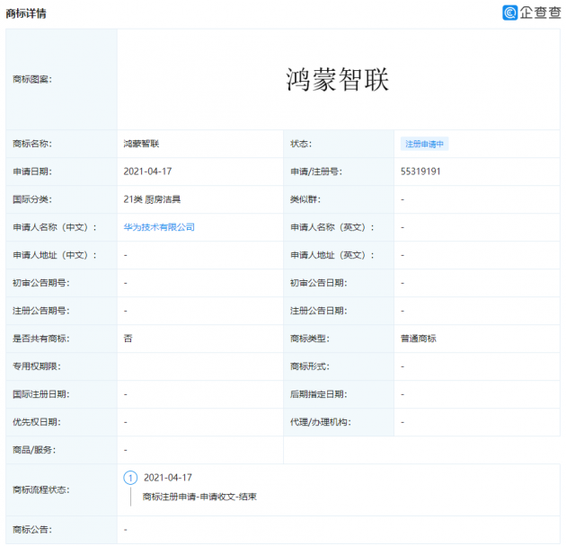 华为申请“鸿蒙”商标，类别新增运输工具