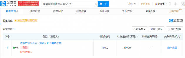 蒙牛集团于海南成立科技发展公司，注册资本1亿元
