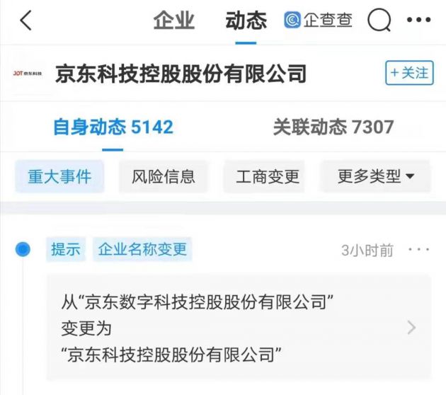 京东科技经营主体更名为“京东科技控股股份有限公司”