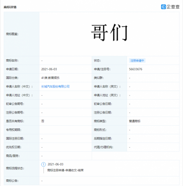 长城汽车注册哥们商标