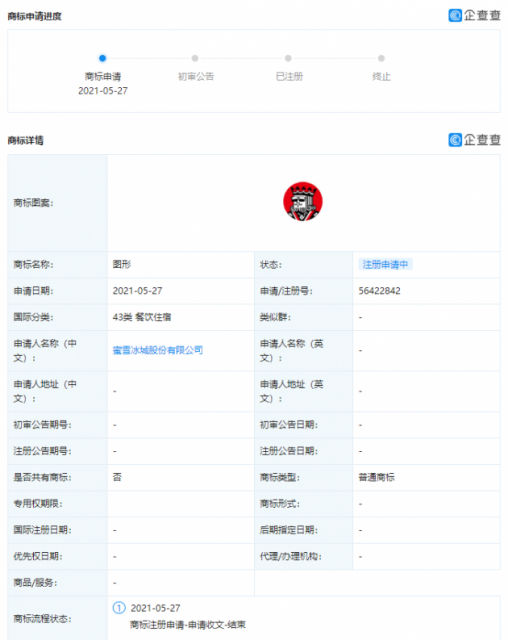 蜜雪冰城申请图形商标，外观形似扑克牌K