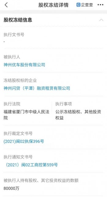 神州优车被司法冻结8亿股权