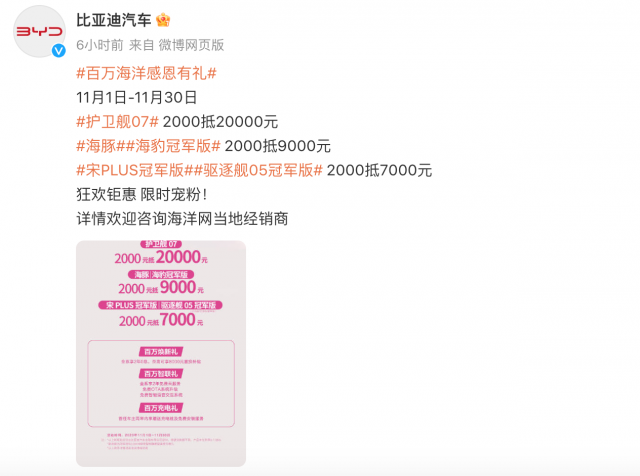 比亚迪:11月对部分车型限时优惠 最高2千抵2万