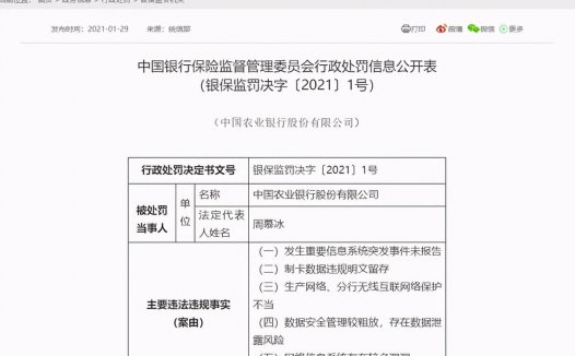 2021年首张罚单:农业银行因数据泄露等被罚420万
